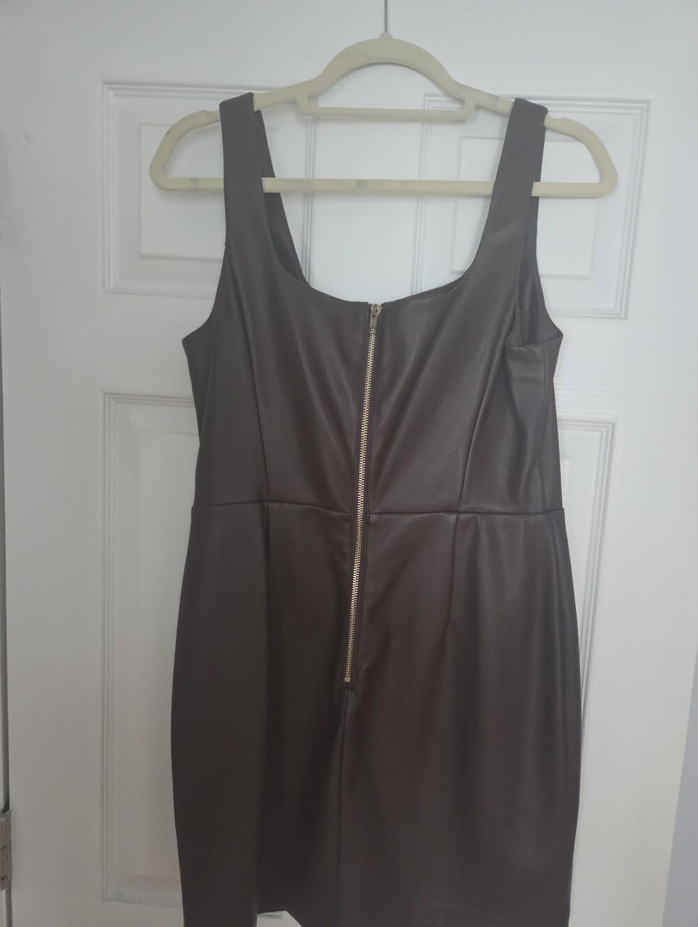 Aqua Faux Leather Mini Dress in Brown with Gold Zip